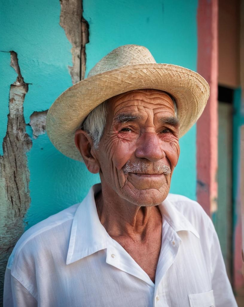 Prompt: A characterful portrait of an elderly Cuban man standing against a vibrant turquoise wall in Trinidad. He wears a white linen shirt, a straw hat, and holds a lit cigar between his fingers. His weathered face displays a warm, knowing smile. The textures of the wall, with peeling paint and cracks, add depth. Natural light illuminates his features, highlighting the details of his expression. The composition is tight, focusing on the man and the rich colors, evoking cultural pride and history.