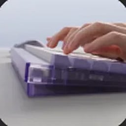 End-frame reference of hands typing on a purple keyboard