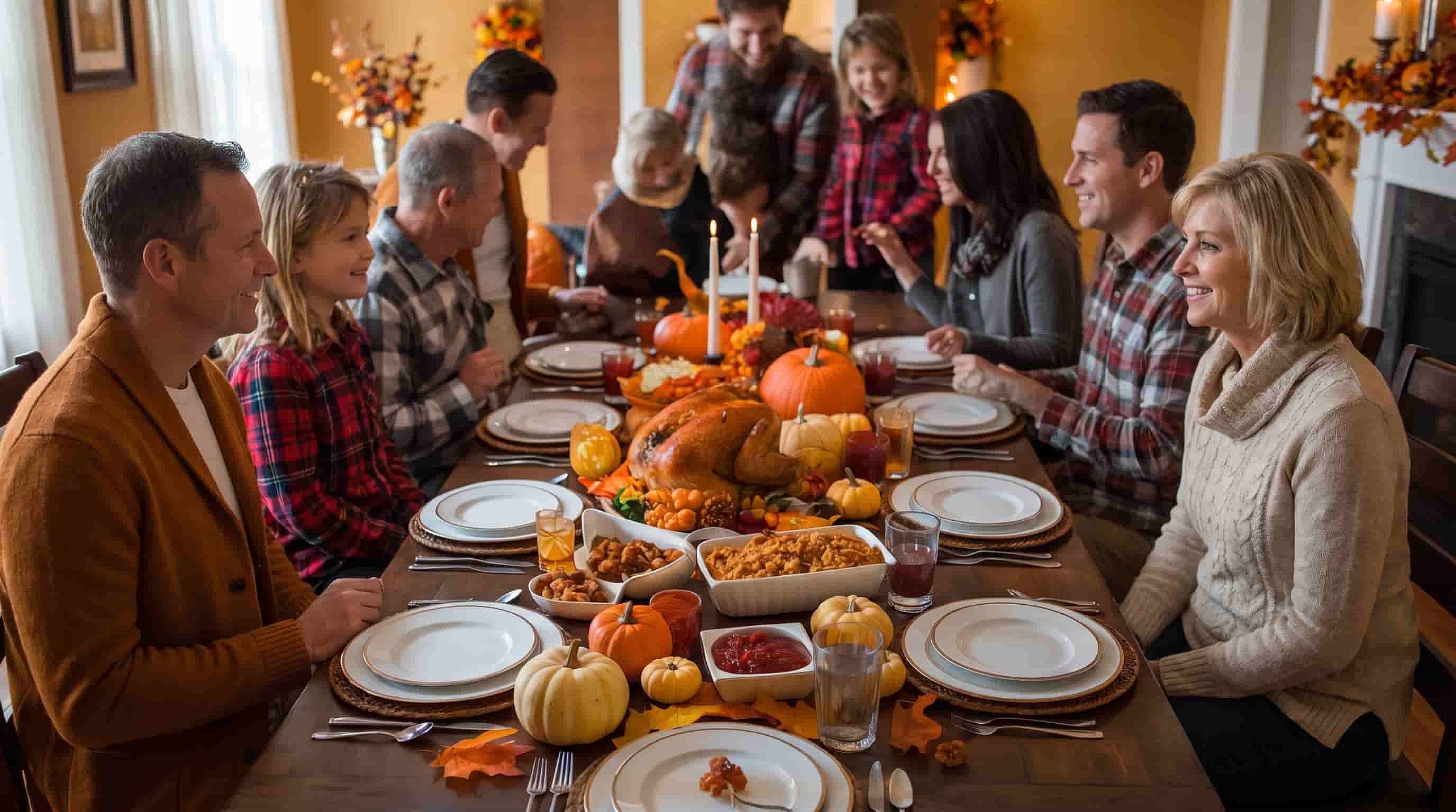 People gathered around a Thanksgiving dinner table with roast turkey and autumn decorations.