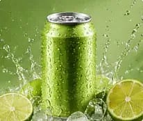 Green soda can with lime and splashing water