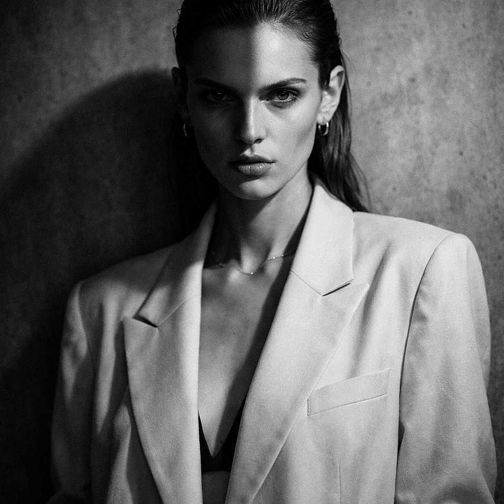 Studio Fashion Portrait — High-fashion black and white portrait with dramatic split lighting, cream blazer, concrete
