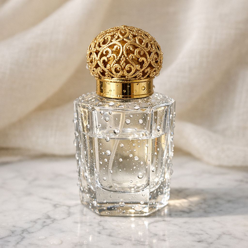 Luxury Perfume Bottle — Luxury perfume bottle with gold cap on white marble with water droplets, soft studio light