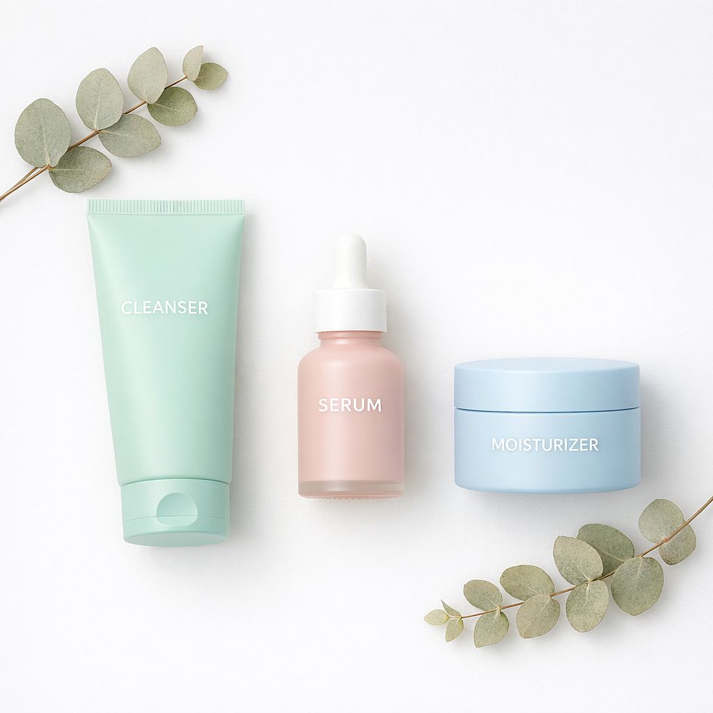 Skincare Flat Lay — Minimal skincare product flat lay with pastel packaging, dried eucalyptus accents, clean w