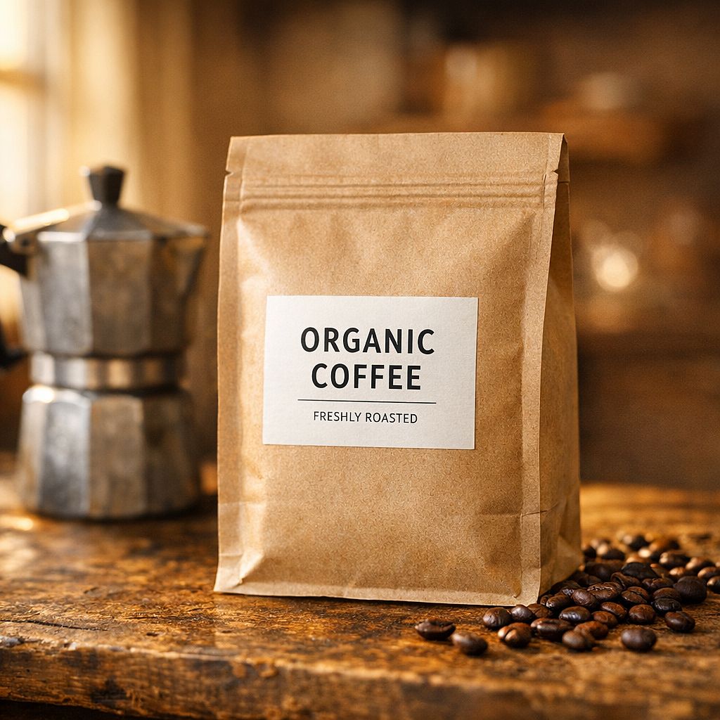 Artisan Coffee Bag — Kraft coffee bag on rustic wooden counter with moka pot and coffee beans, warm side window