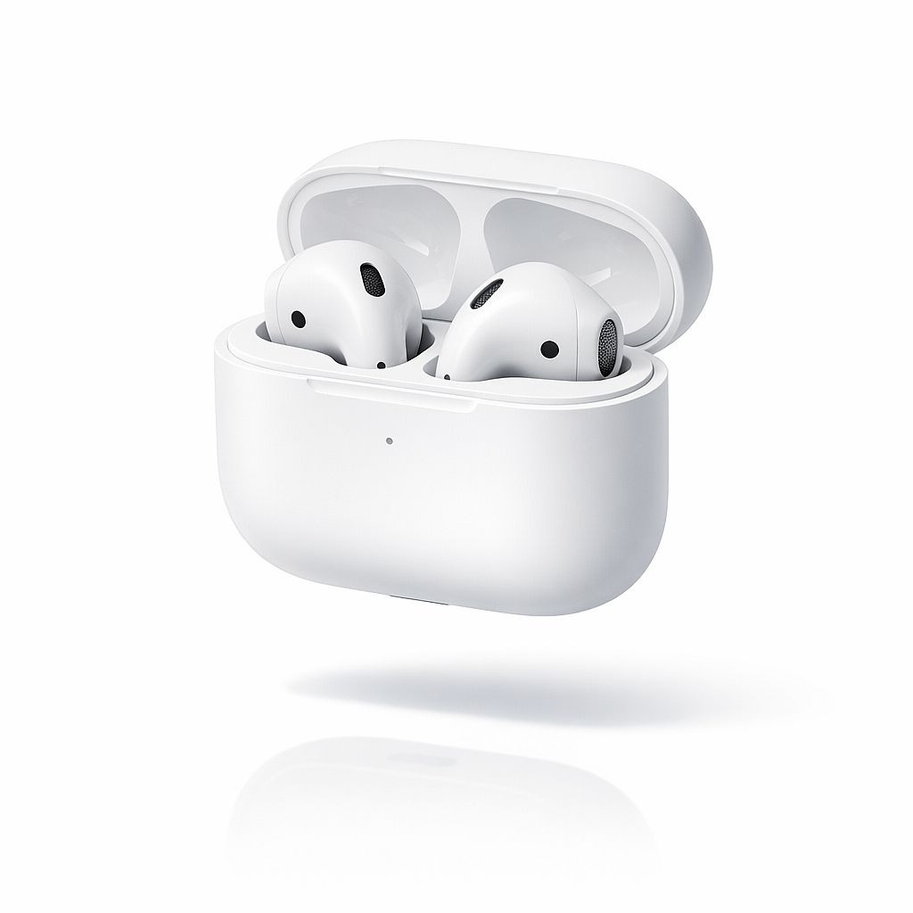 Floating Earbuds — White wireless earbuds and charging case floating above a reflective white surface, clean