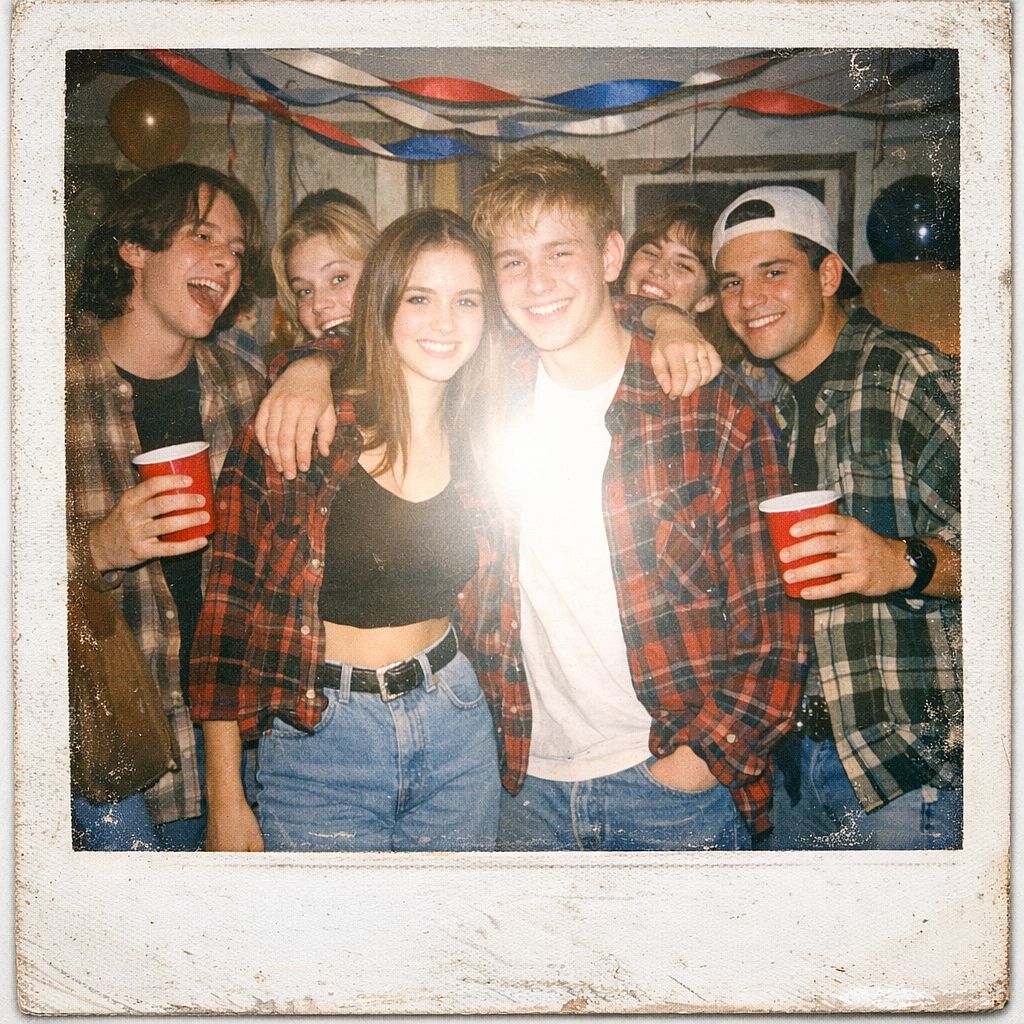 90s Polaroid Party — Polaroid aesthetic group photo of 90s teenagers at a house party, flannel and Doc Martens,