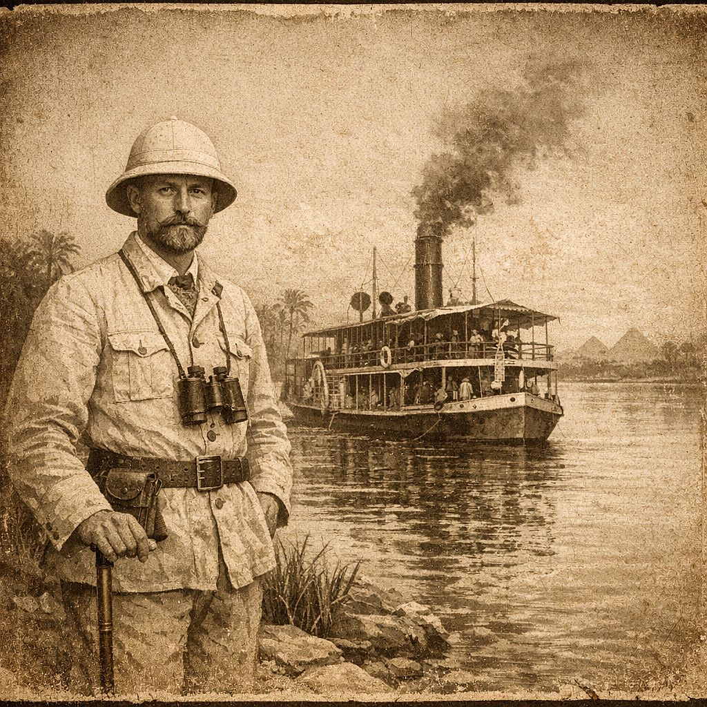 Victorian Explorer — Antique sepia photograph circa 1890 of a European explorer in pith helmet at the Nile with