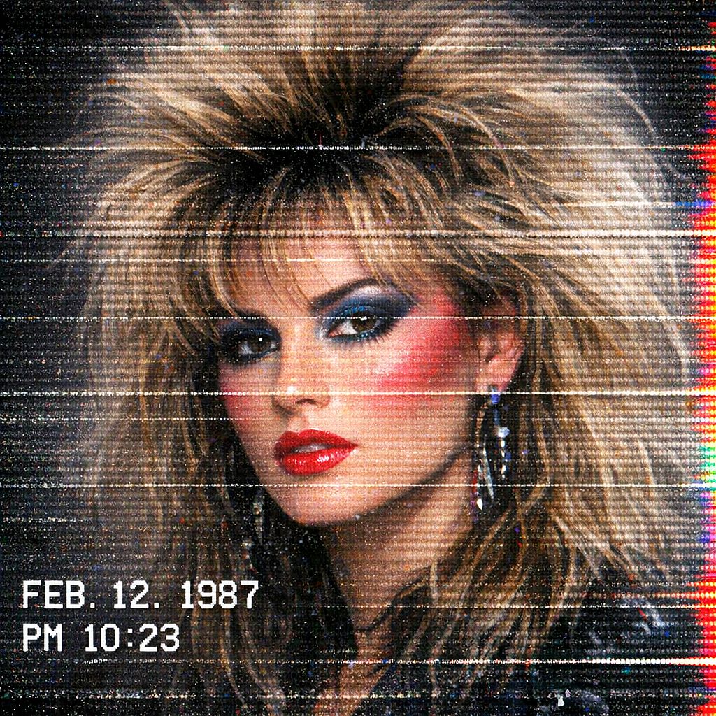 VHS Glitch Portrait — VHS glitch portrait with 80s voluminous hair, horizontal scan line distortion, color bleed