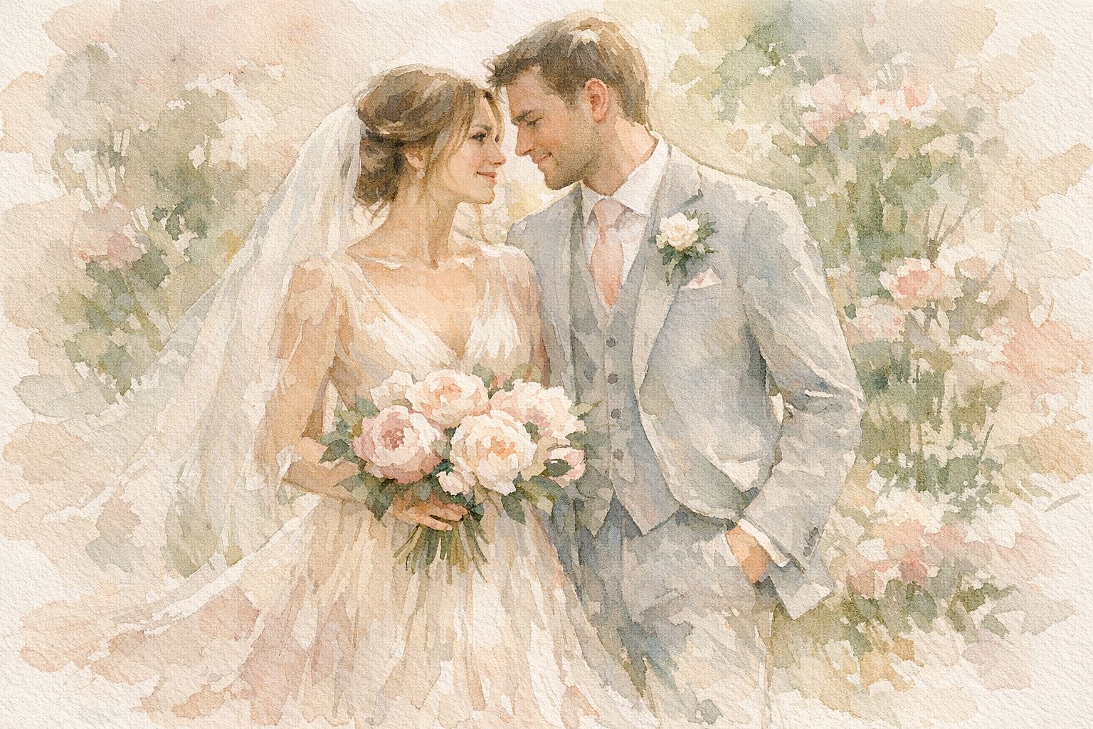 Watercolor Painted Portrait AI wedding photo example