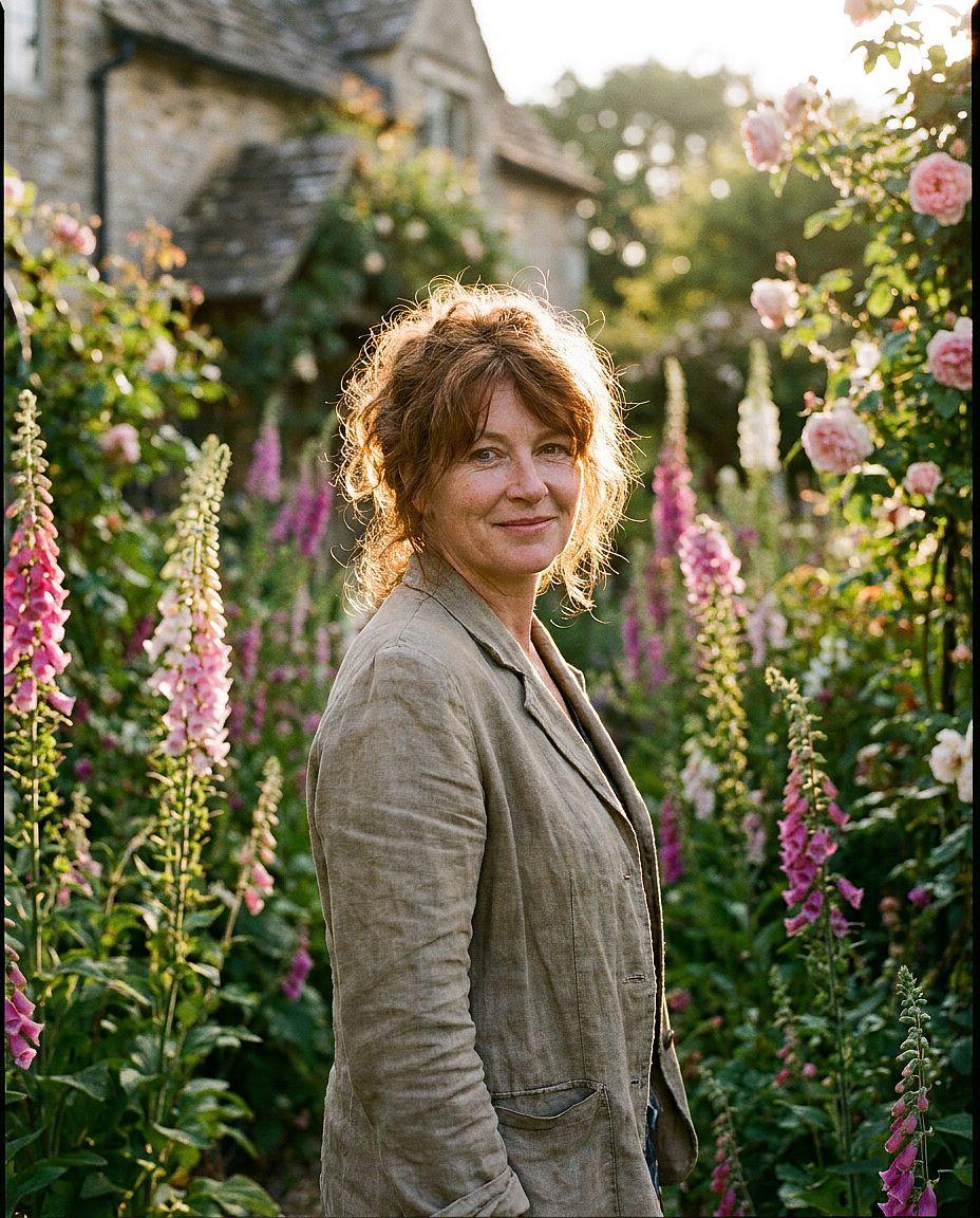Golden Hour Portrait — Photorealistic portrait of a auburn-haired woman in a cottage garden, golden hour backligh