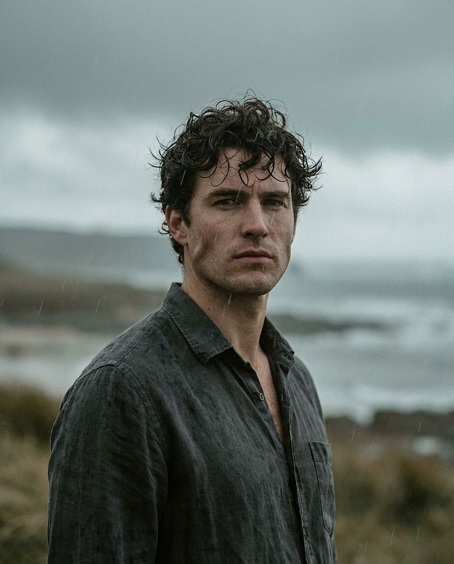 Dramatic Male Portrait — Dramatic close-up of a dark-haired man, moody outdoor overcast light, cinematic color grad
