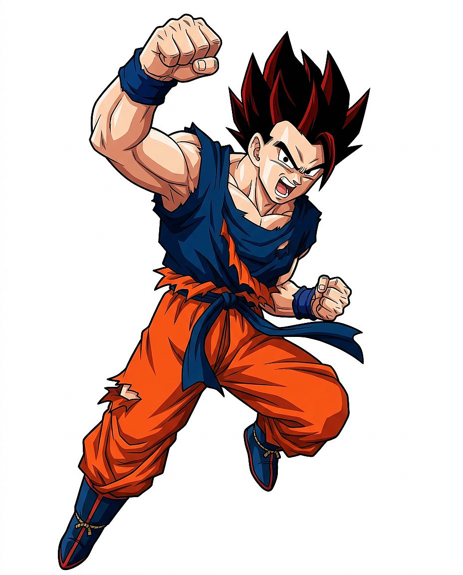 Shonen Battle Hero — Full-body cel-shaded shonen anime hero with spiky black and red hair, dynamic fist-raised