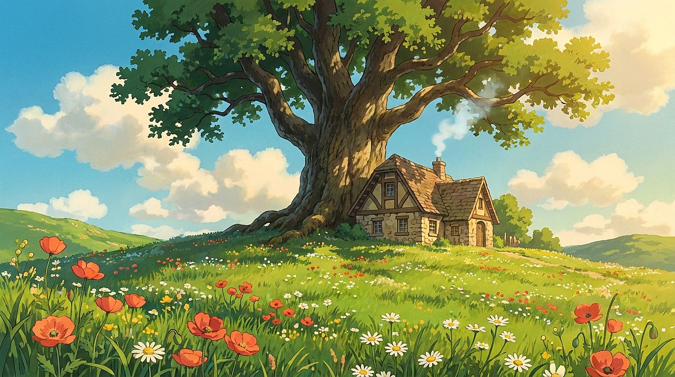 Ghibli Countryside — Pastoral countryside in Studio Ghibli style with rolling green hills, stone cottage, massi
