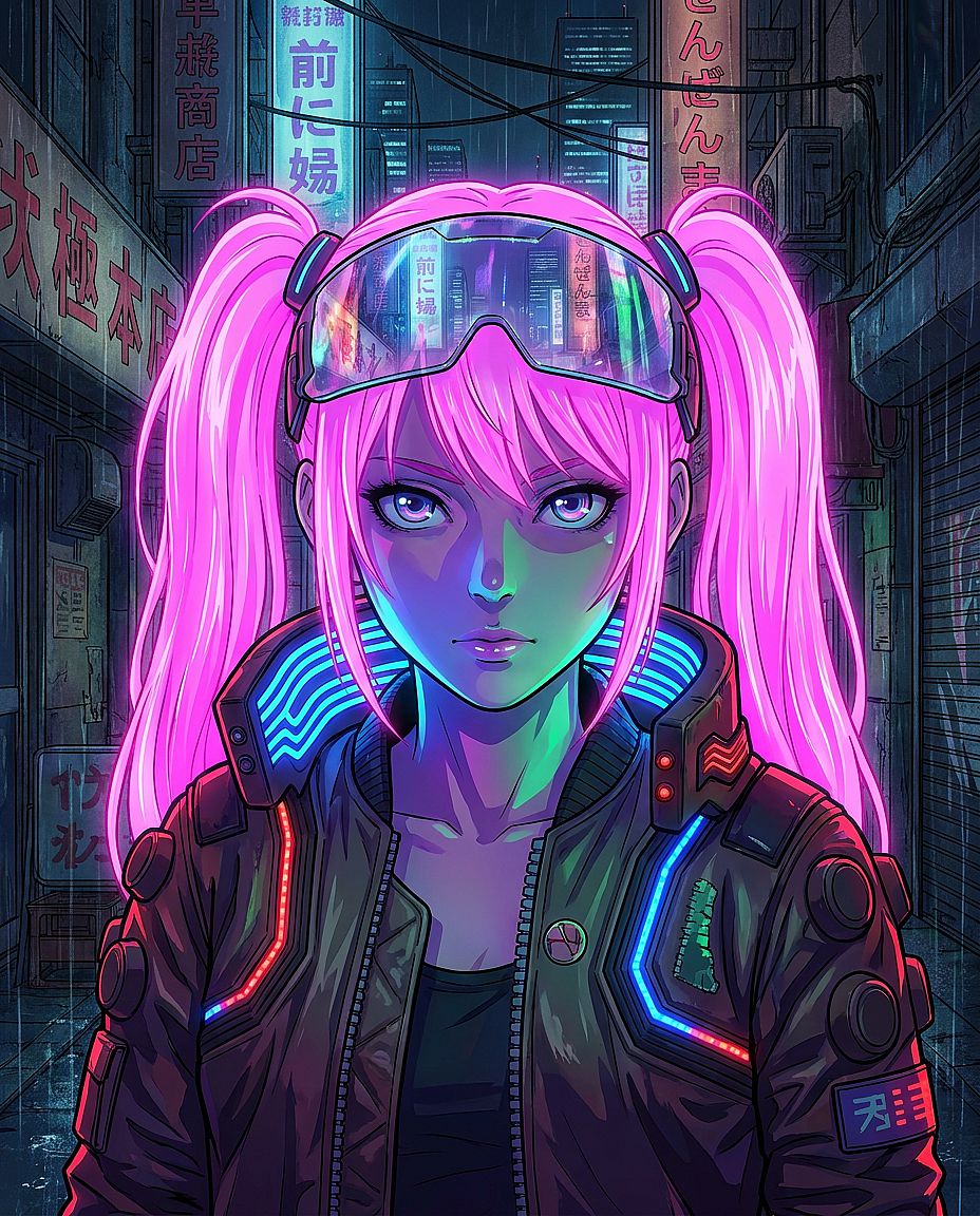 Cyberpunk Anime Girl — Anime cyberpunk girl with neon pink twin tails, LED jacket, dramatic upward neon lighting,