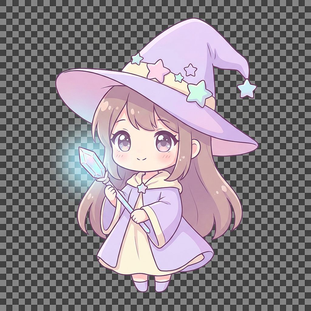 Chibi Mage — Cute chibi female mage with oversized wizard hat, large expressive eyes, glowing wand, pas