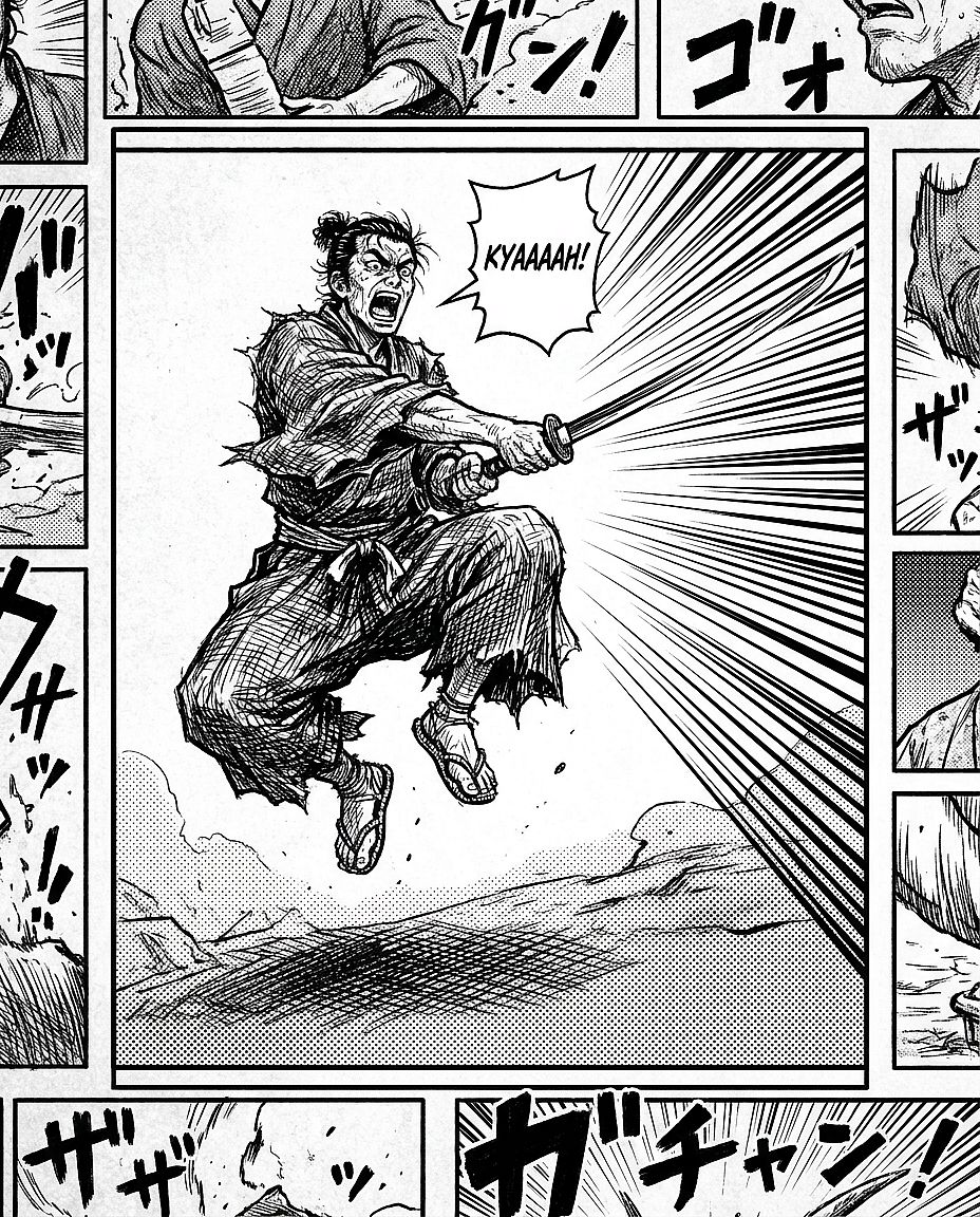 Classic Manga Panel — Black and white manga panel with samurai in mid-strike pose, dramatic speed lines, screen