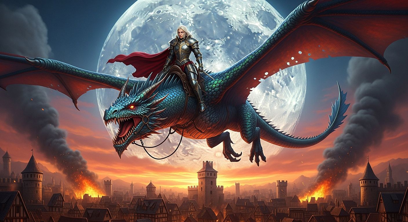 Dragon Rider — Female warrior in plate armor riding a large iridescent dragon, backlit by a full moon, bu
