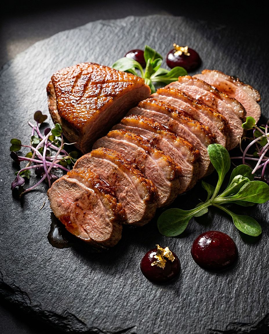 Fine Dining Duck — Fine dining seared duck breast fanned on slate plate with microgreens, cherry gastrique do