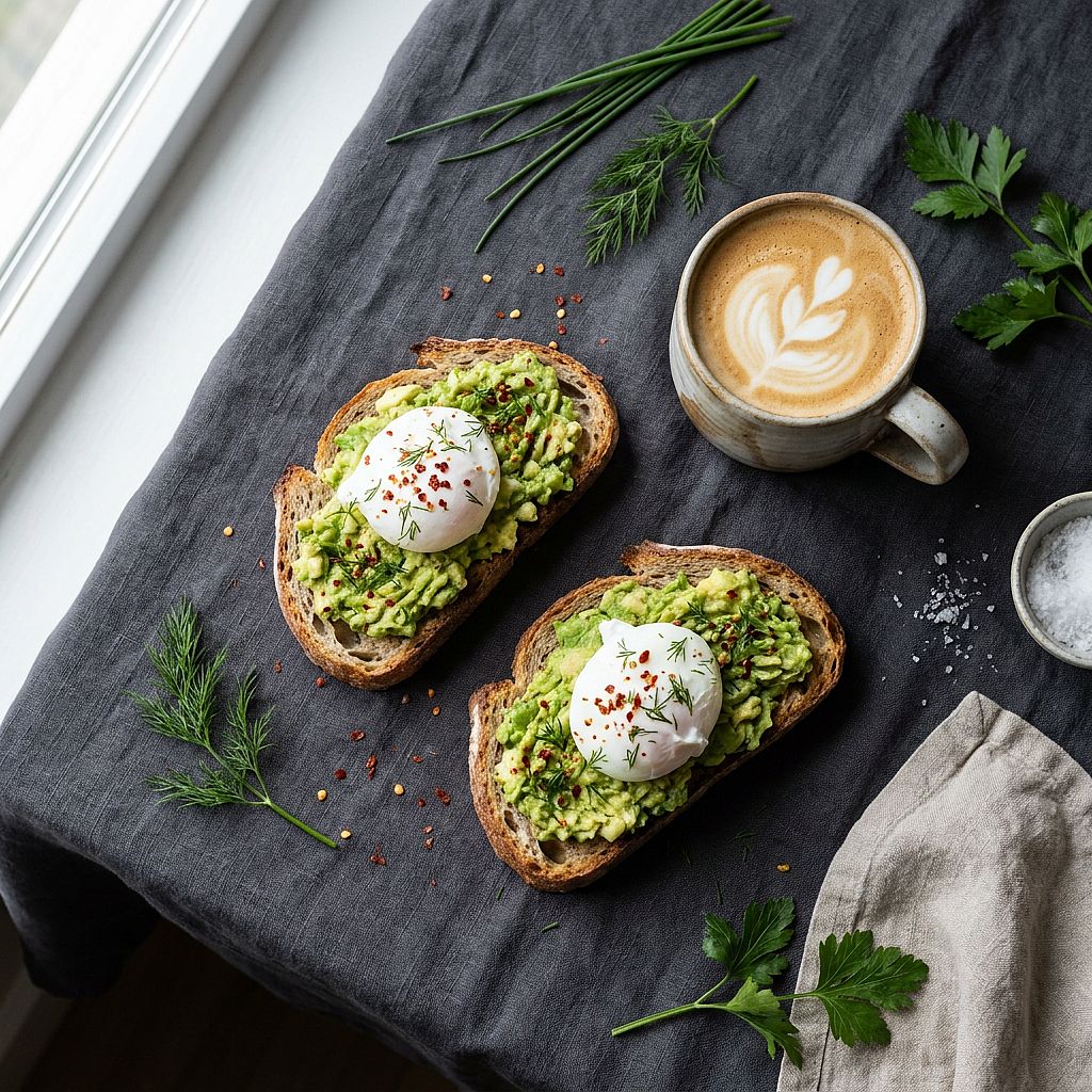 Avocado Toast Flat Lay — Overhead avocado toast breakfast flat lay with ceramic latte, chili flakes, herbs on dark