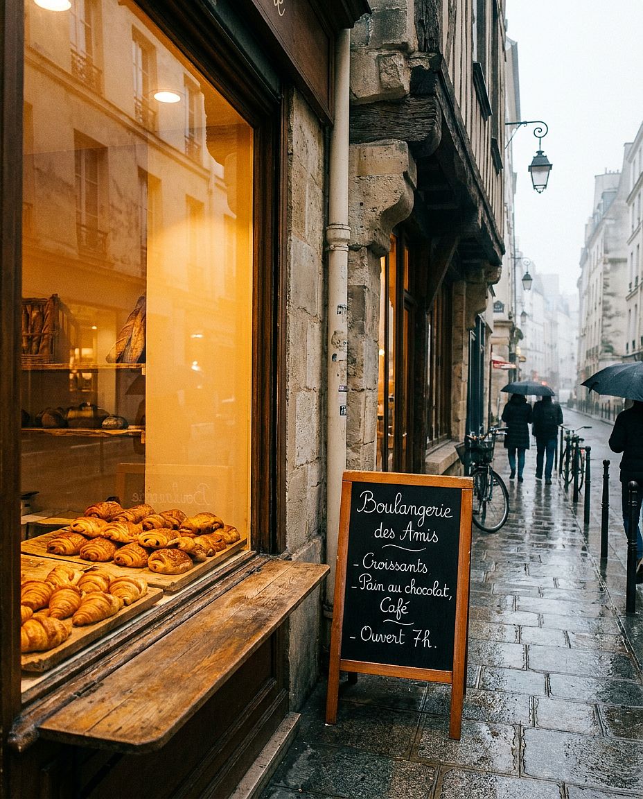 Parisian Bakery Window — Parisian bakery window with golden croissants on wooden boards, chalkboard menu, warm ambe