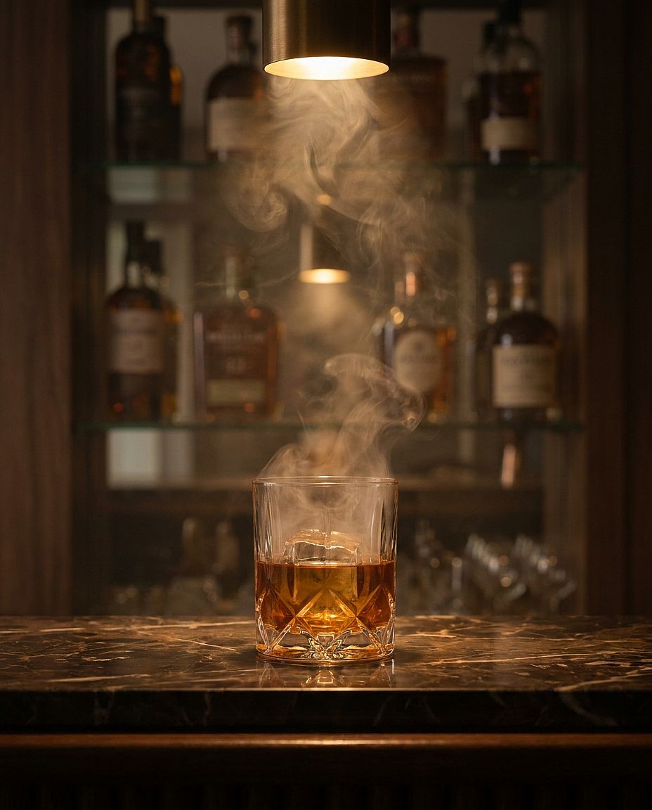 Moody Whiskey Bar — Moody whiskey glass on dark marble bar with smoke and clear ice, tungsten spotlight from a