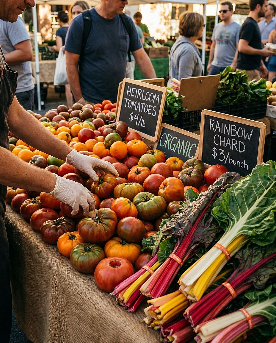 Farmers Market Stall — Vibrant farmers market stall with heirloom tomatoes and rainbow chard, hand-painted chalkb