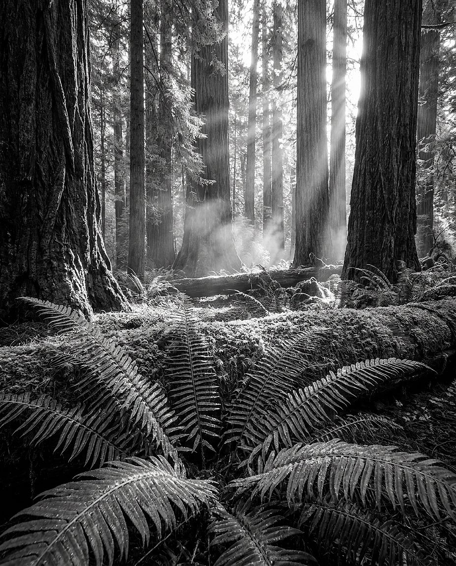 Ancient Redwood Forest — Ancient redwood forest interior with golden shafts of light filtering through canopy, mist