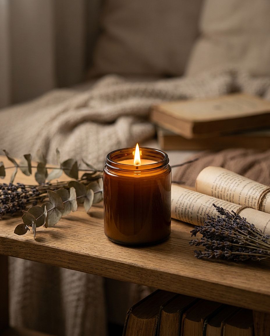 Cozy Candle Lifestyle — Lit amber glass soy wax candle on rustic oak shelf with dried botanicals, warm candlelight