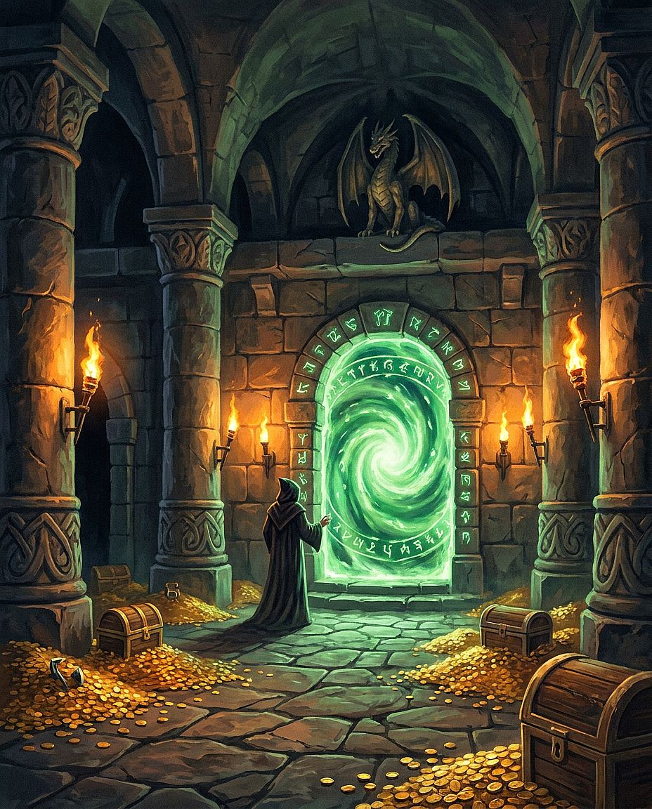 Dungeon Chamber — Fantasy dungeon chamber with glowing green rune portal, stone columns, scattered coins and