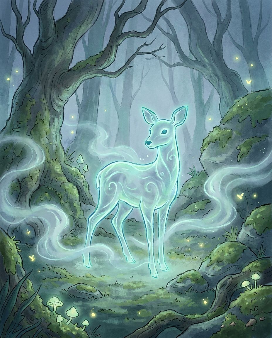 Forest Spirit — Ethereal glowing deer-human spirit in a misty forest clearing at twilight, soft blue-green