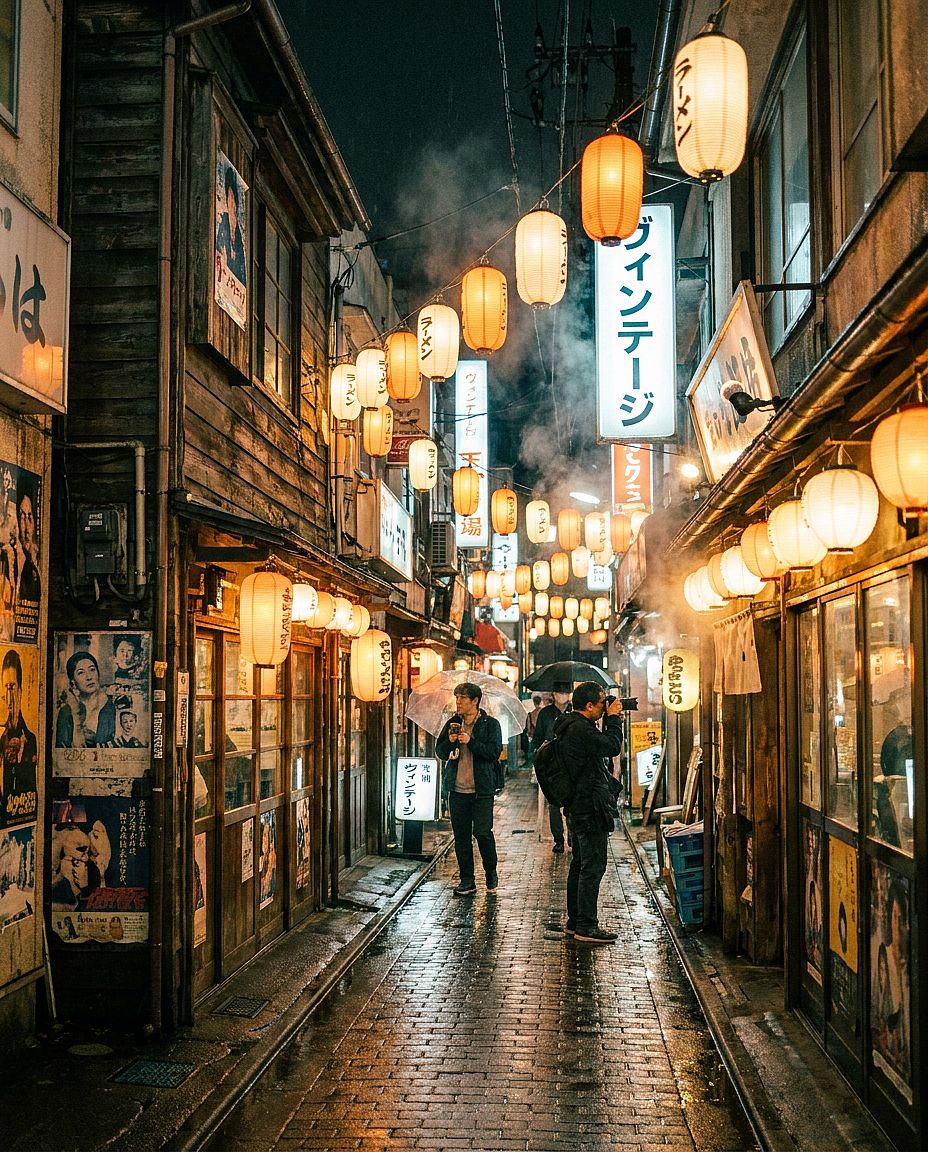 Tokyo Shimokitazawa Alley — Narrow Tokyo alley in Shimokitazawa, vintage wooden buildings, hanging lanterns, wet cobbl