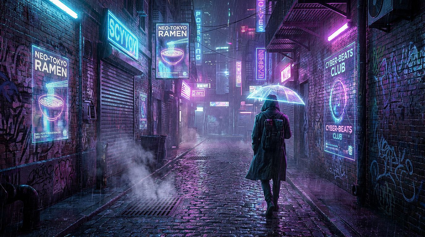 Neon Tokyo Alley — Rain-slicked neon cyberpunk alley at 2am, holographic ads on wet walls, lone trench-coated