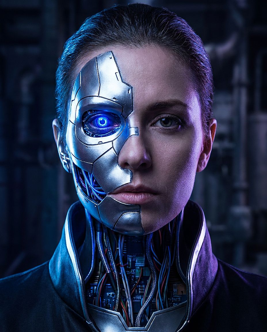 Female Cyborg Portrait — Female cyborg close-up portrait with chrome plating on left face half, cobalt-blue optical