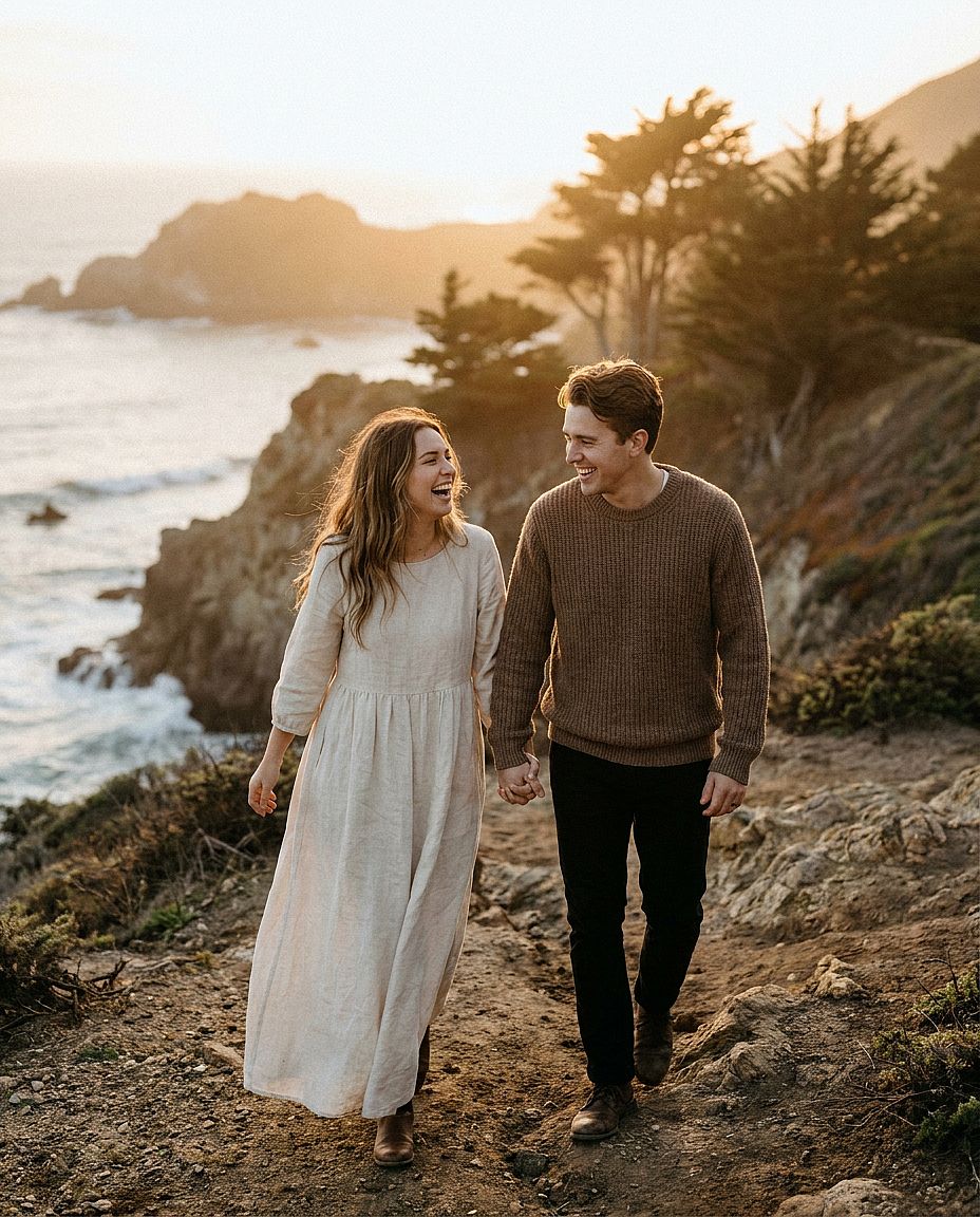 Couple Portrait — Young couple walking along a windswept coastal cliff at golden hour, holding hands and laughing, cinematic editorial photography