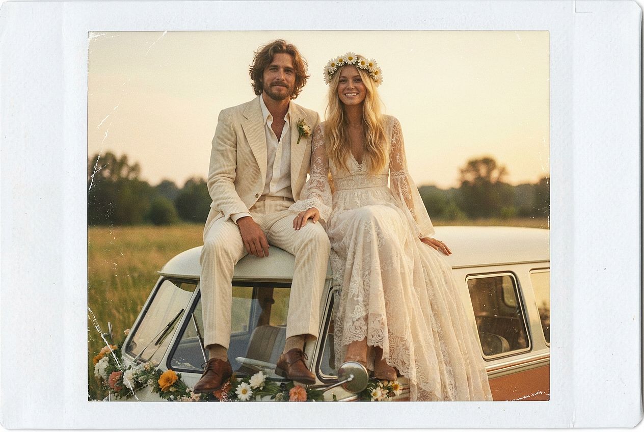 Retro 70s Wedding Vibe AI wedding photo example