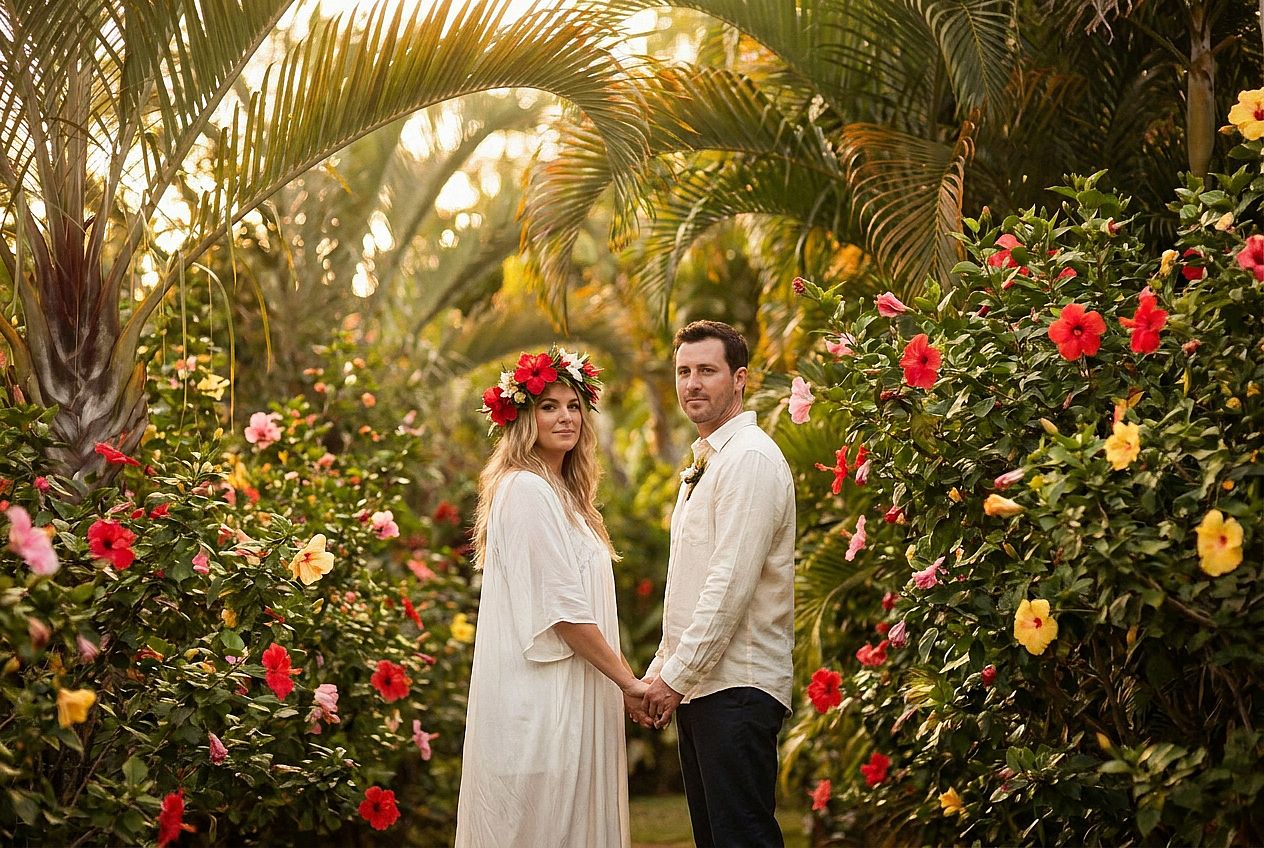 Tropical Destination Romance AI wedding photo example