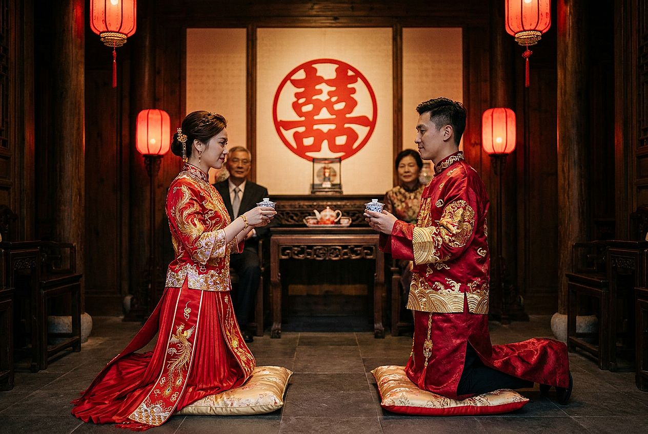 Chinese Tea Ceremony Portrait AI wedding photo example