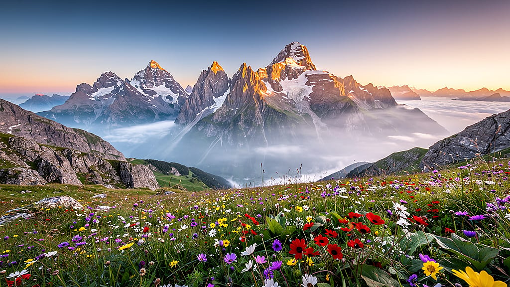 Alpine Sunrise — Panoramic alpine peaks at sunrise with mist-filled valleys, wildflower foreground, warm go