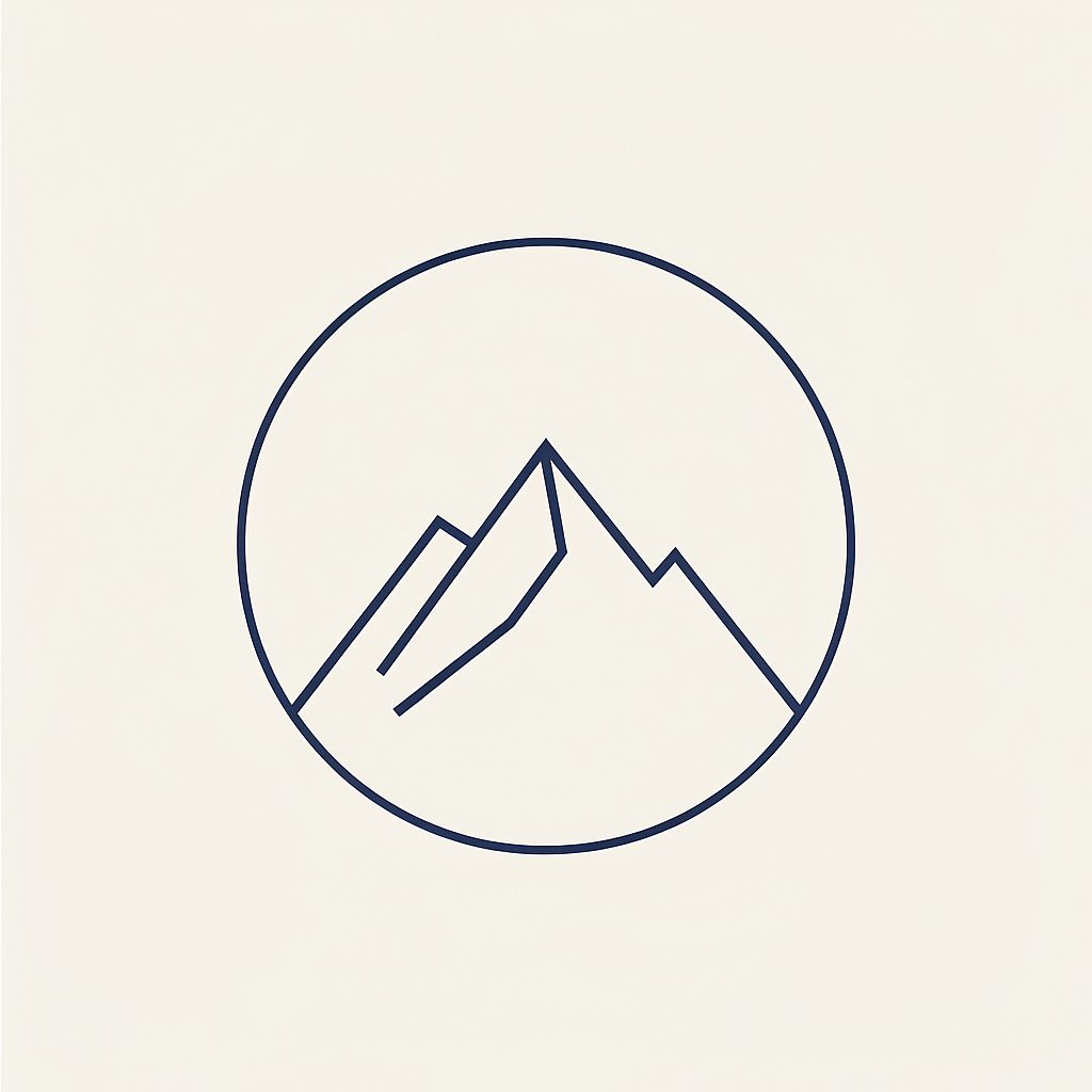 Minimalist Mountain Mark — Minimalist geometric mountain peak logo mark inside a circle, navy blue on cream white, ve