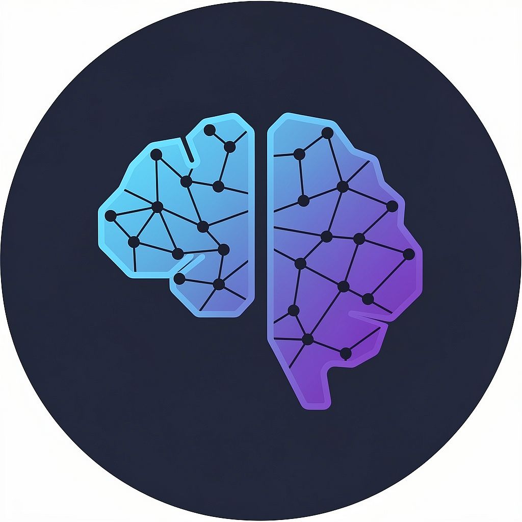 Tech AI Icon — Abstract interconnected nodes forming a brain silhouette, electric blue to violet gradient