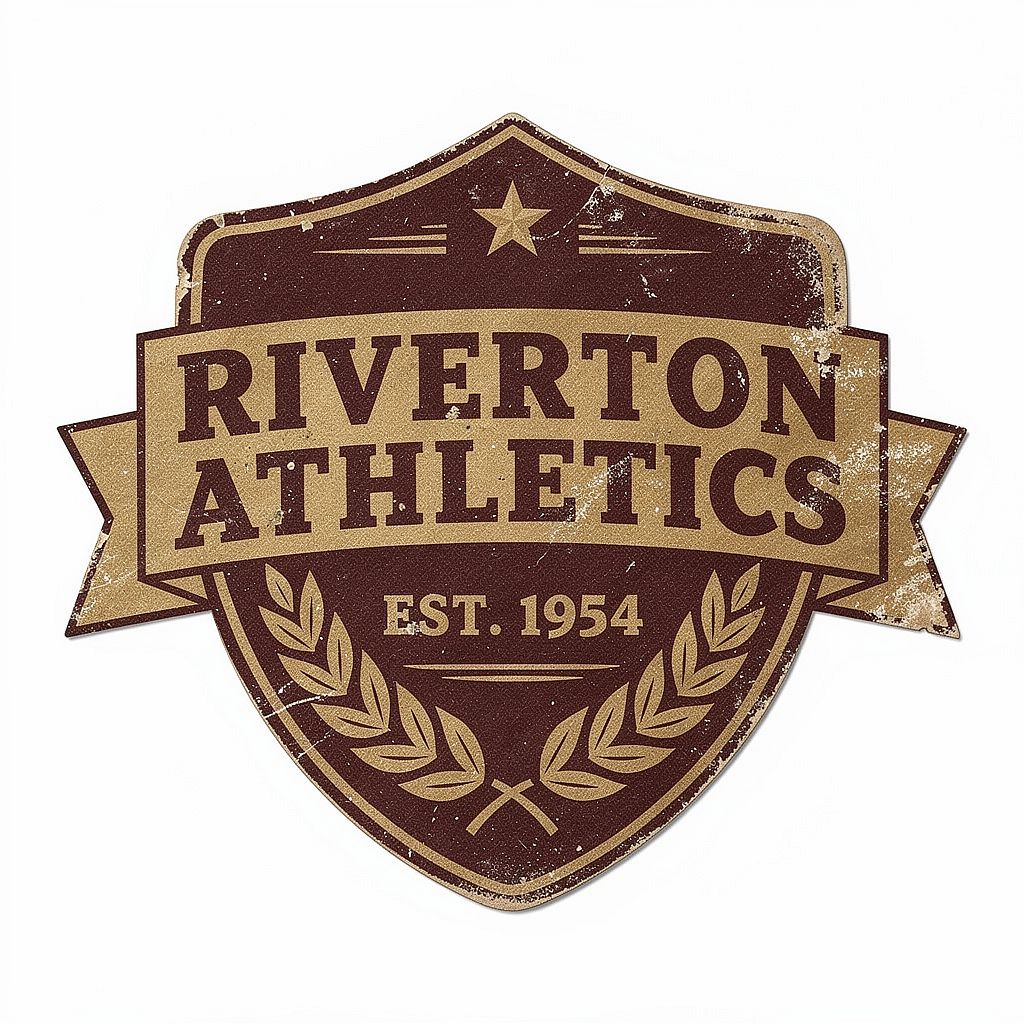 Retro Sports Badge — Vintage sports team badge with distressed texture, burgundy and gold, shield shape with la