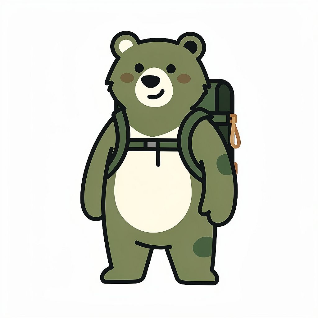 Outdoor Bear Mascot — Friendly geometric bear mascot with hiking backpack, forest green and off-white, simple il