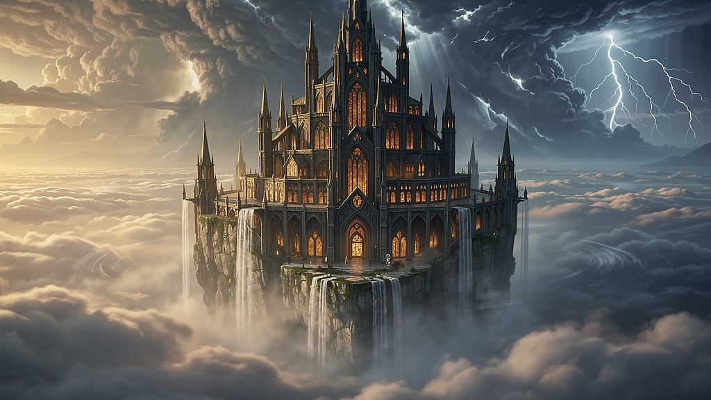Floating Castle — Massive floating gothic castle above clouds with cascading waterfalls, glowing windows, dr