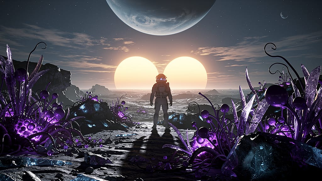 Alien Moon Landscape — Alien moon landscape with two setting suns, bioluminescent purple plant life, lone astrona