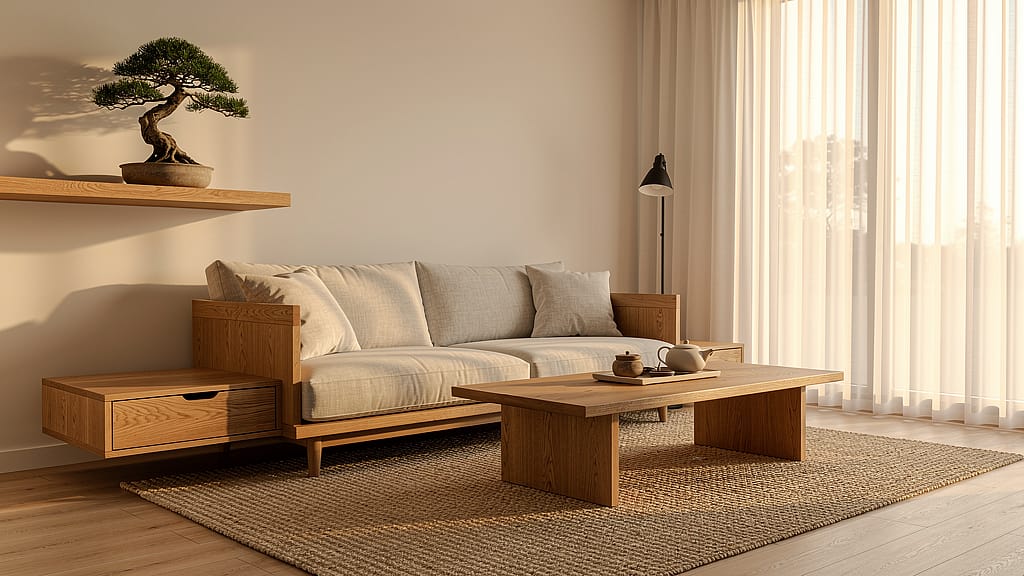 Japandi Living Room — Japandi living room with warm oak furniture, linen upholstery, floor-to-ceiling windows, a