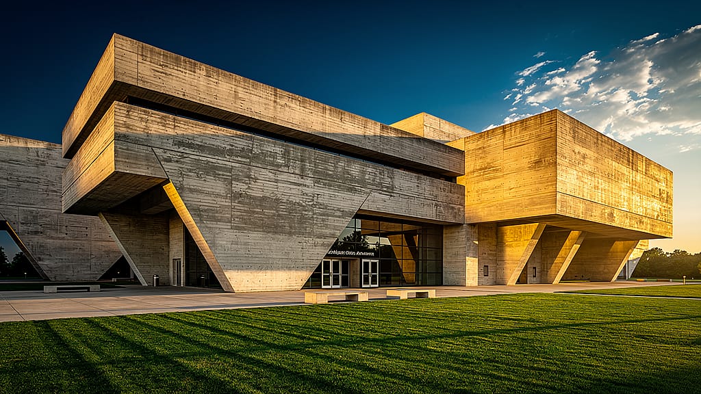 Brutalist Museum — Brutalist concrete museum exterior with dramatic angular overhangs, geometric shadows from