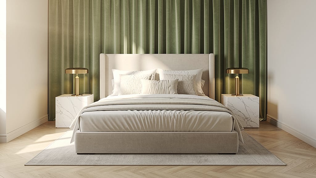 Luxury Bedroom — Luxury master bedroom with ivory linen bed, marble side tables, brass lamps, sage green cu