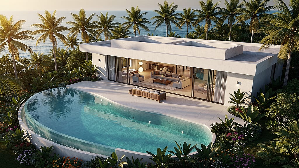 Tropical Villa Aerial — Aerial drone view of modern tropical villa with infinity pool, palm trees, glass walls, oc
