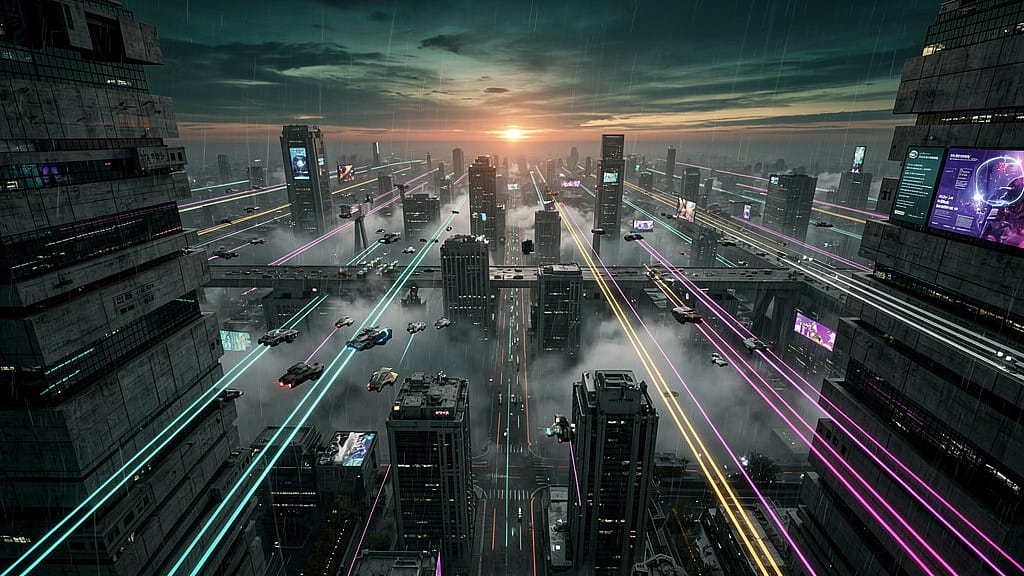 Dystopian Megacity — Aerial dystopian megacity at dusk with brutalist towers, flying vehicles with light trails