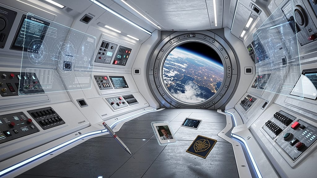 Space Station Interior — Futuristic space station corridor with curved white walls, blue LED strips, holographic di